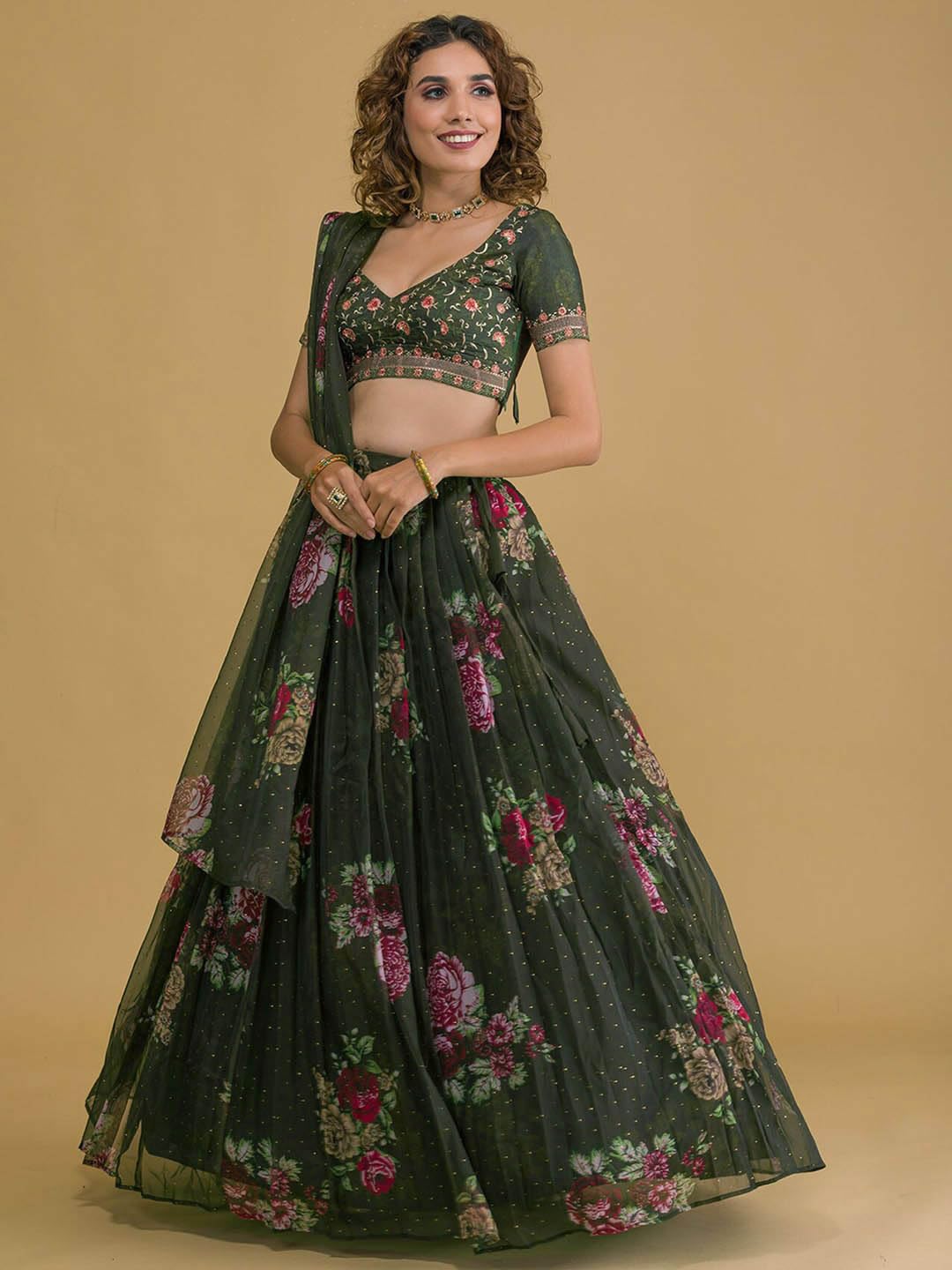 Zeel Clothing Womens Floral Embroidered Organza New Semi-Stitched Lehenga and Choli Set(5070-Green-Wedding-Designer-Latest-Party; Free Size), Dark Green