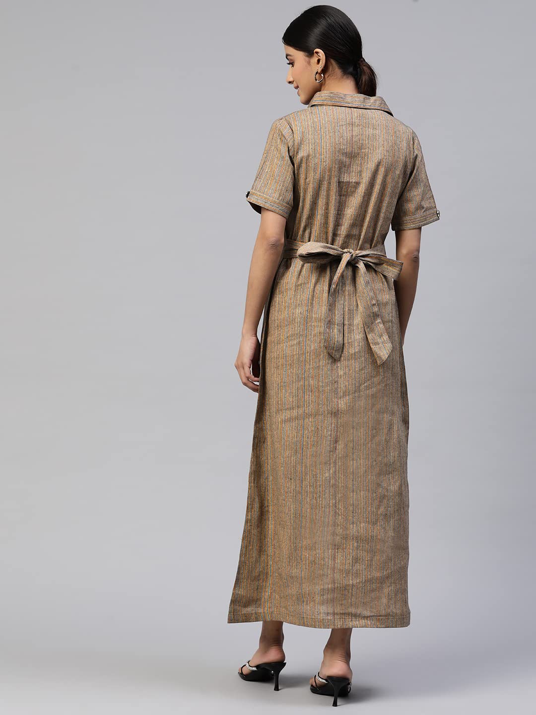Cottinfab Women Green & Blue Striped Shirt Cotton Maxi Dress
