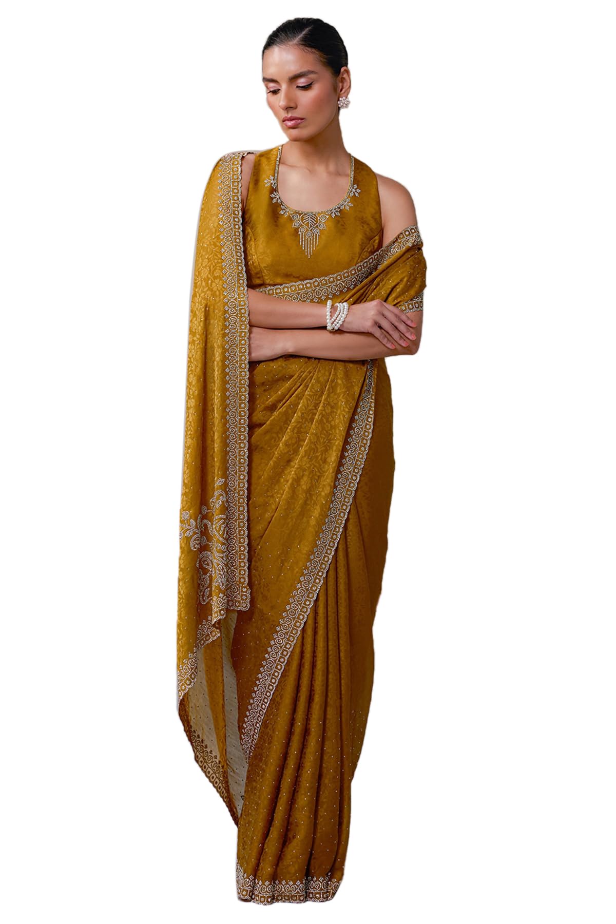 Soch Womens Mustard Fendy Georgette Woven Design Saree With Stone Work