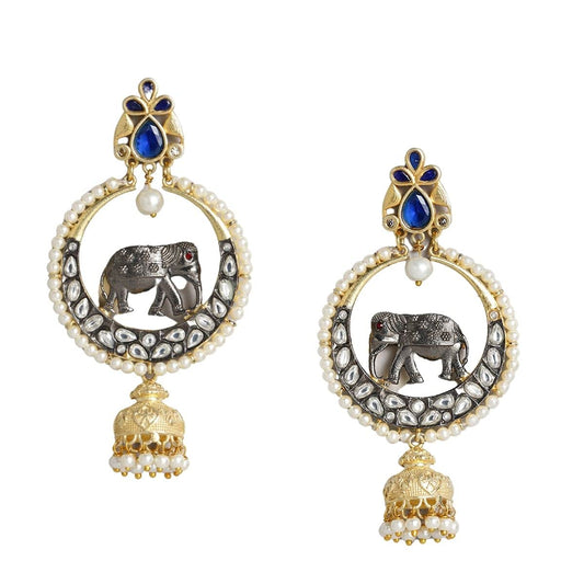 Accessher Silver Plated Oxidised Dual tone anitque gold plated Elephant german silver Circle Dangle earrings for women and girls