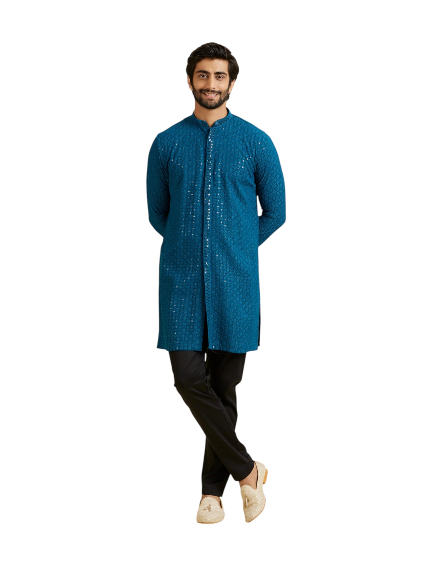 Manyavar Men's Viscose Chikankari Sequinned Kurta Trouser Set(Teal Blue,M)