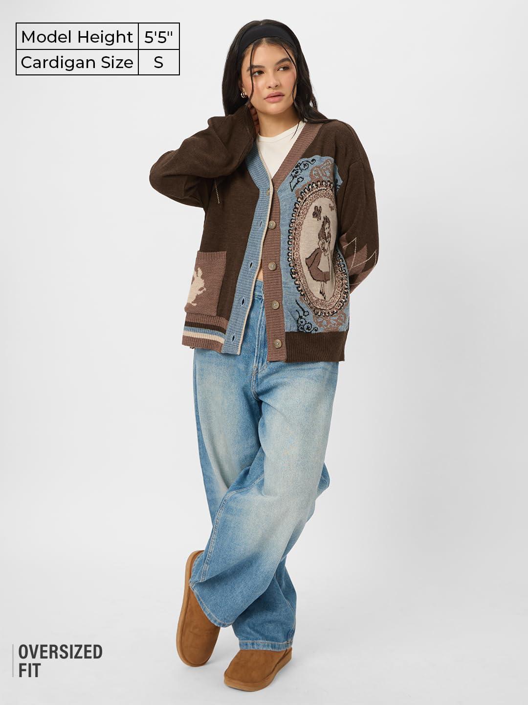 The Souled Store Official Disney: Alice Women and Girls Oversized Sweater Brown