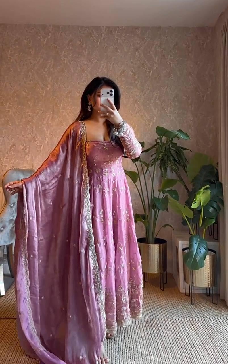Women's Gown | Embroidery Work | Embroidered Heavy Fandy Silk Outfit | Designer Embroidered Dress with Dupatta || Long Sleeve Gowns (in, Alpha, L, Regular, Women, Light Purple)
