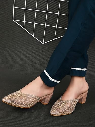XE Looks Women's Gold Embellished Mesh Mules | Pointed Toe Block Heels with Rhinestone Detailing | Embellishments with Transparent Heel For Girls & Women