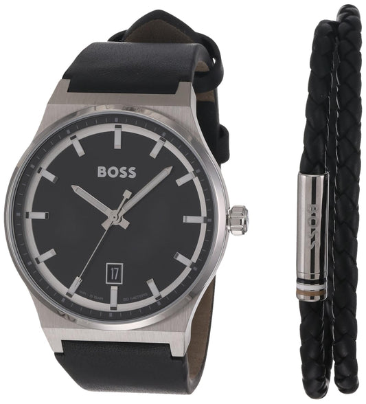 BOSS Candor Qtz Basic Calendar Black Round Dial Men's Watch|Black Leather Material|Black Color Band - 1570158