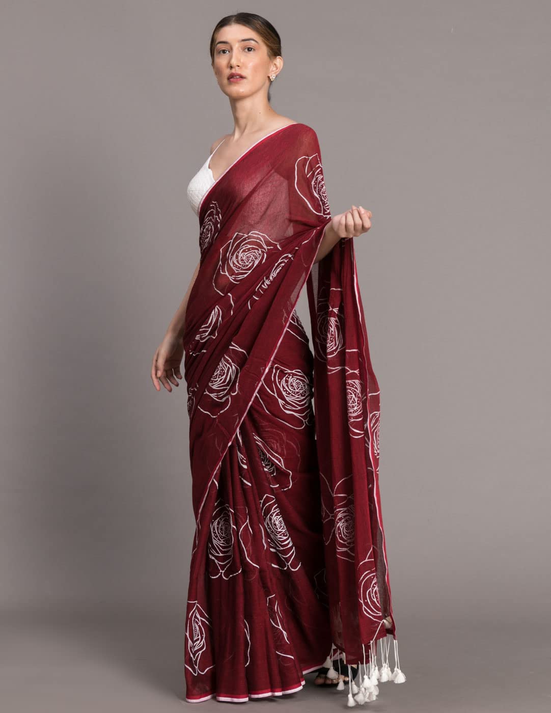 Suta Women's Plain Pure Cotton Saree Without Blouse | Pure Cotton Saree| Cotton Saree| Red Cotton Saree | Rose Printed Saree| Printed Cotton Saree