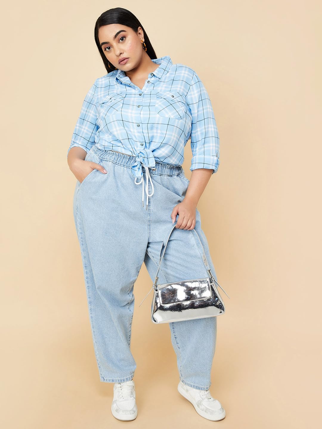 Max Women Plus Size Viscose Tartan Checked Yarn Dyed Shirt (DIZZY1DP_Light Blue)