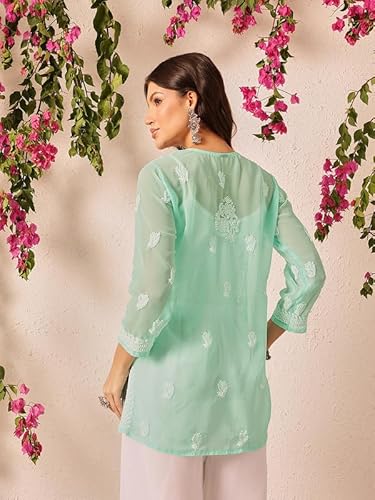 Ada Hand Embroidered Lucknowi Chikankari Georgette Short Kurti Top Tunic for Women A911500 Aquamarine (XS)
