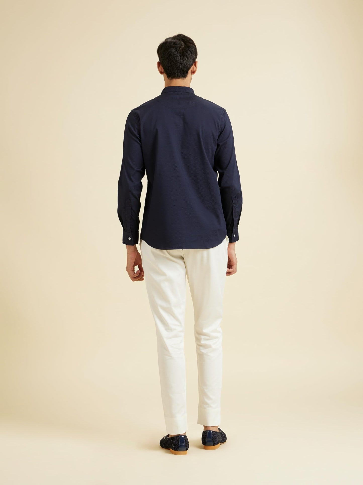 Manyavar Men's Viscose Blend Structured Short Kurta(Dark Blue,XXL)