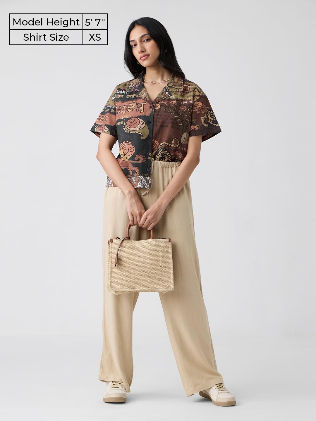 The Souled Store Panchatantra Women and Girls Short Sleeves Collared Neck Button Front Brown All Over Printed Oversized Fit Cotton Holiday Shirts