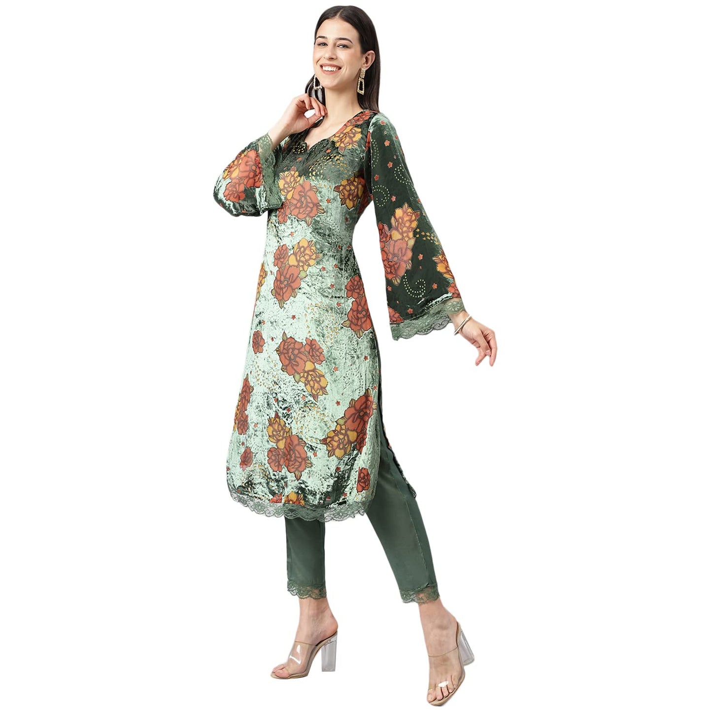 Divena Green Burn out Velvat Kurta Haram Pant with Organza Dupatta