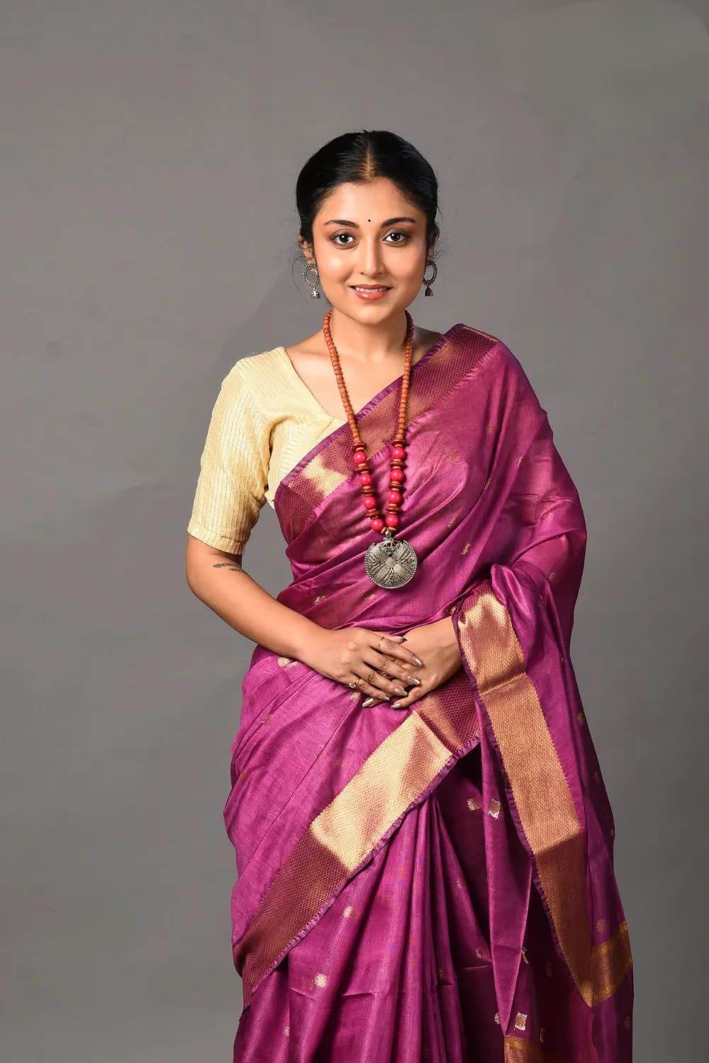 Zafreen Handloom | Women's Handwoven Semi Tussar silk Saree With Designer Zari Boder And Butta Woven (Pink)