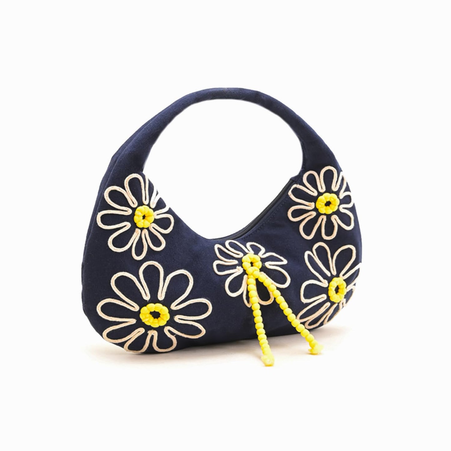 Boho Girl Indigo Blossom Tote Bag – Navy Blue Floral Handbag for Women with Embroidered Flowers, Padded Handle & Ribbon Detail – Chic Shoulder Bag for Travel, Brunch (Black & White)