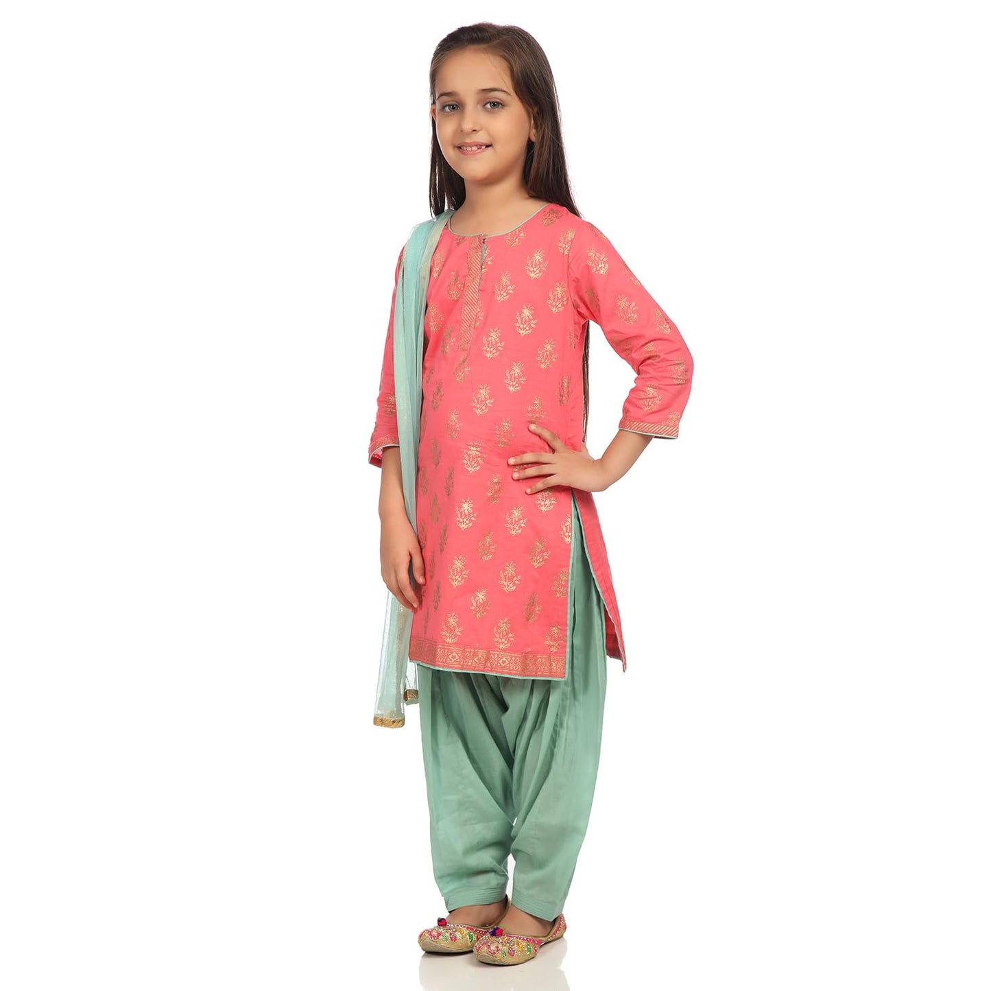 BIBA Girl's Ethnic Pink Cotton Kurta Set (Size_3)