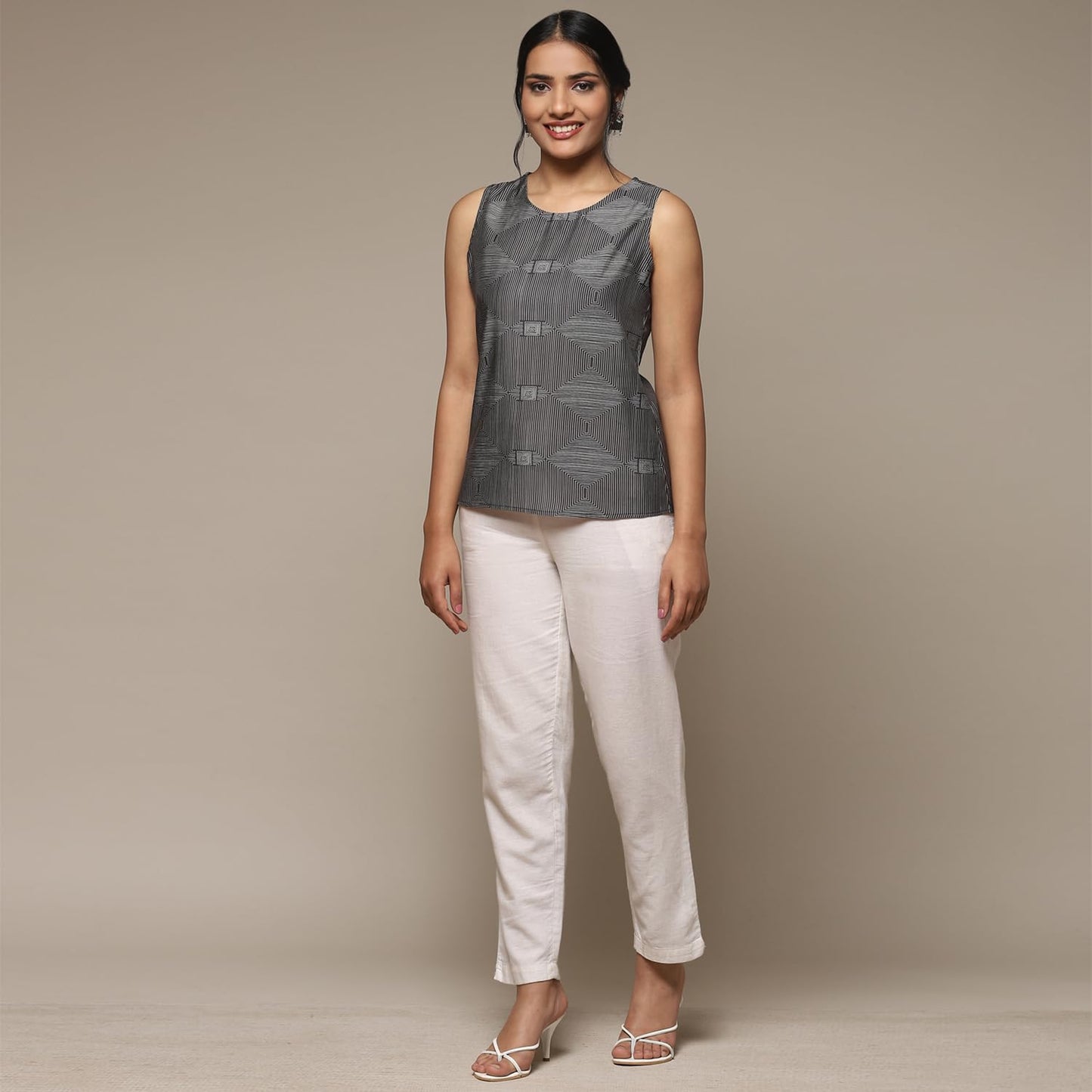 BIBA Women's Poly Viscose PRINTED Long Length MIX AND MATCH Jacket(MONOCHRO18927_MARB.CRB_36), Large, Multicolor