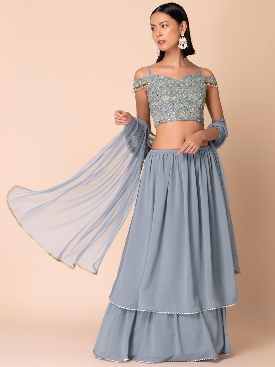 Indya Women's Georgette Lehenga Sets (ICO00535_Blue_S)