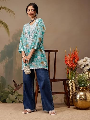 Ada Hand Embroidered Lucknowi Chikankari Printed Cotton Short Kurti Top Tunic for Women A911454 Blue (L)