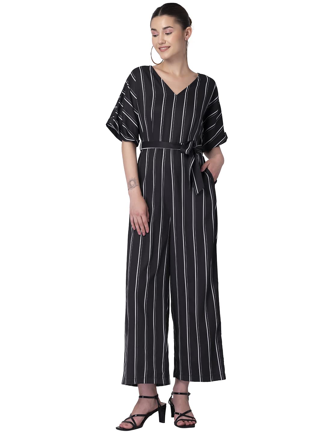 FabAlley Black Striped Belted Jumpsuit