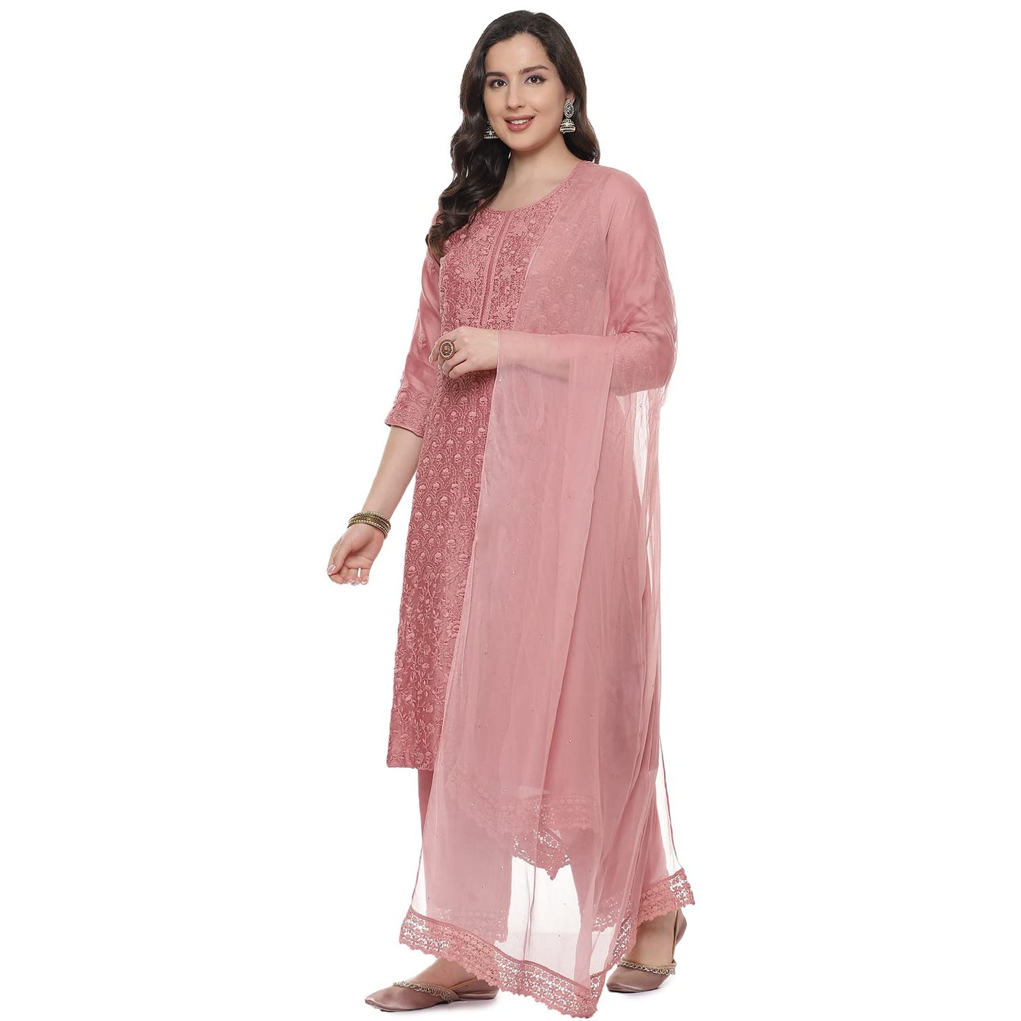 BIBA WOMEN EMBROIDERY STRAIGHT SALWAR KURTA DUPATTA(SKDCHIKANKA7220_ONION PINK_42)