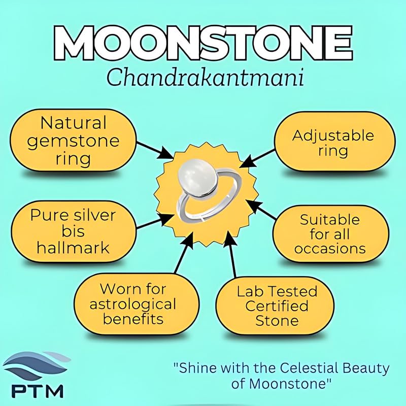 PTM Natural Moonstone/Ch&rakant 5.25 Ratti or 5 Carat Astrological Certified Gemstone Pure Sterling Silver/925 bis Hallmark Adjustable Ring for Men - fba1525