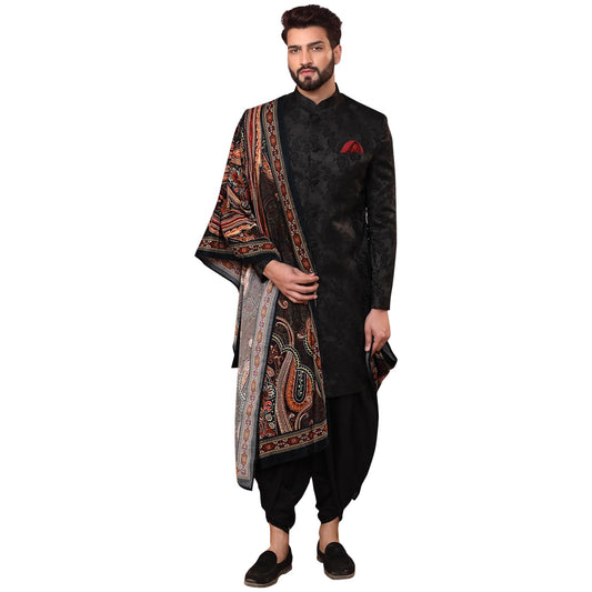 KISAH Indowestern Men's Casual Style Ethnic Wear Silk Blend Woven Design Regular Fit Black Indo-Western Sherwani Set Indo-Western