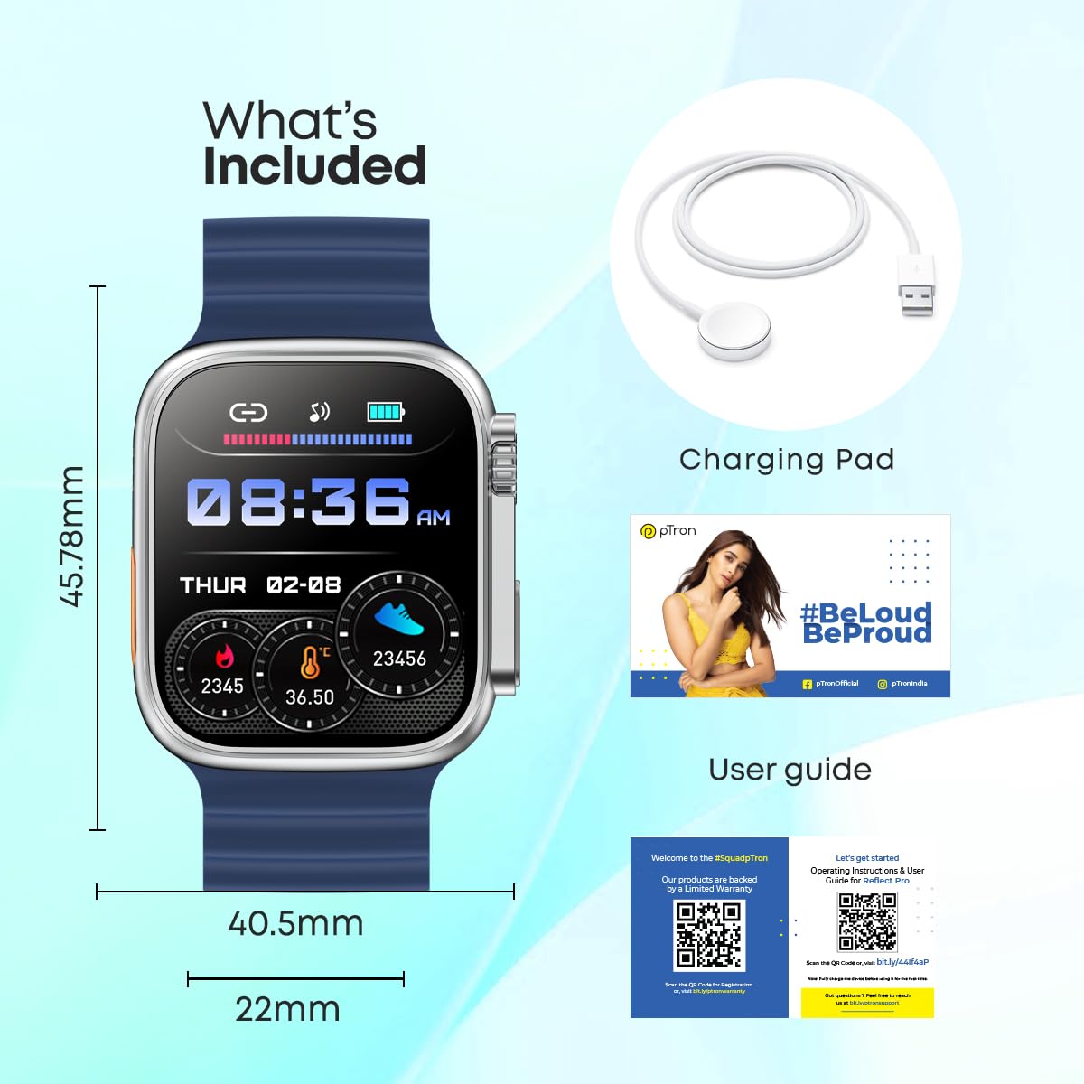 pTron Newly Launched Reflect Pro Smartwatch, Bluetooth Calling, 1.85" Full Touch Display, 600 NITS, Digital Crown, Metal Frame, 100+ Watch Faces, HR, SpO2, Voice Assist, 5 Days Battery Life (Blue)