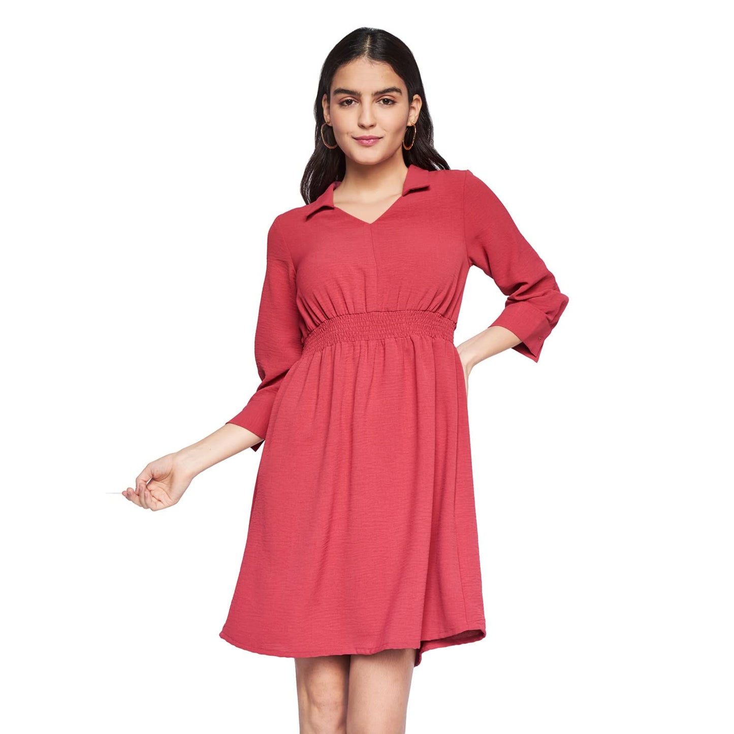 AND Women's Cotton Fit Flare Knee-Length Dress (EE22AB023DRCEY_Rust_12)