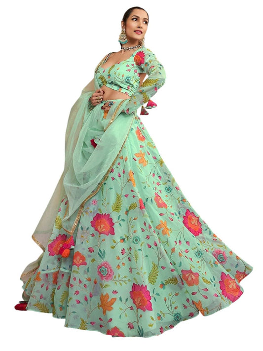 Zeel Clothing Women's Print And Dori Embroidered Organza Designer Readymade Lehenga Choli With Dupatta (7074-Pista-Womens-Lehenga-Choli-Latest; Free Size) (Pista)