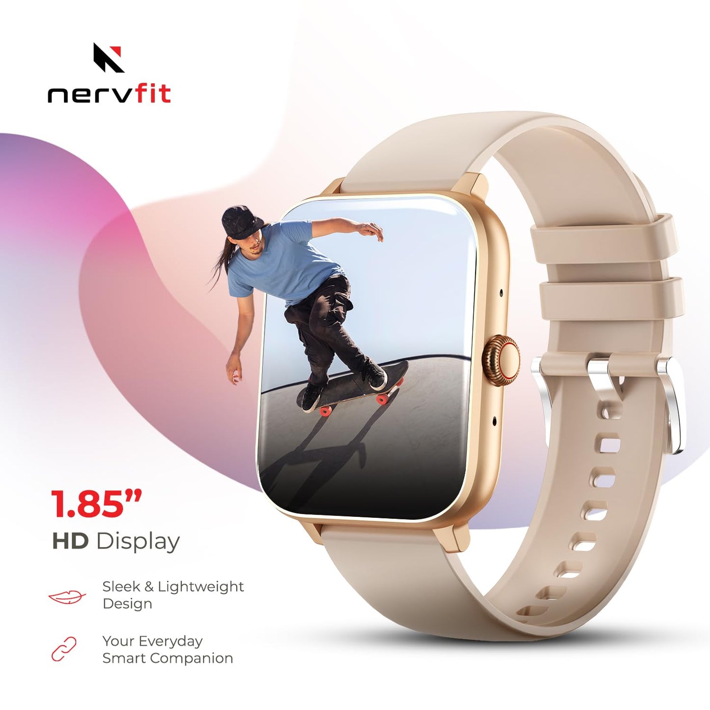 Nervfit Newly Launched Vibe Smartwatch with 1.85" LED Display | Bluetooth Calling | Waterproof | Heart Rate & SpO2 Tracking | Sleep & Stress Monitor | 5-Day Battery | Sports Modes (Rose Gold)