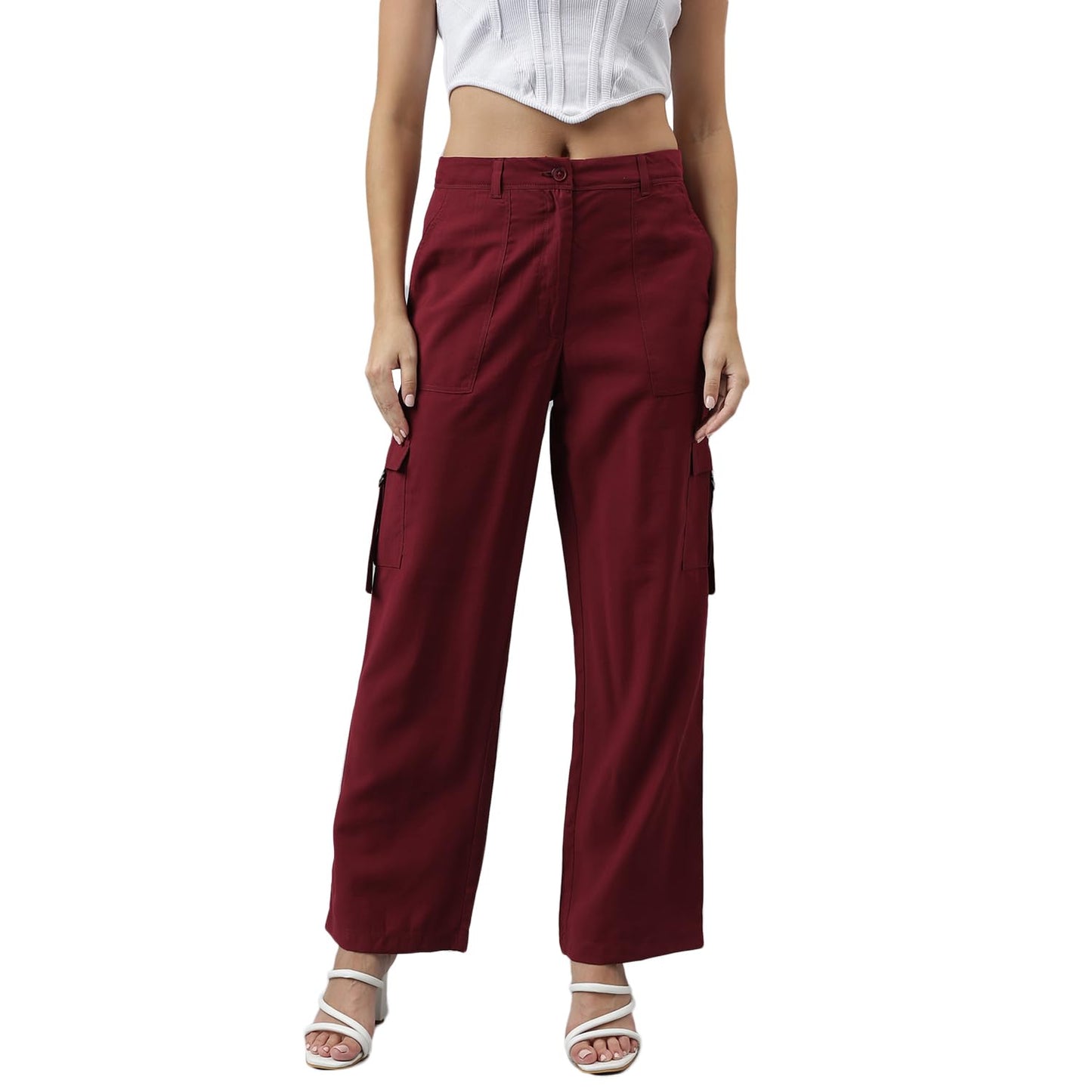 Latin Quarters Women Solid Casual Maroon Straight Pants_M