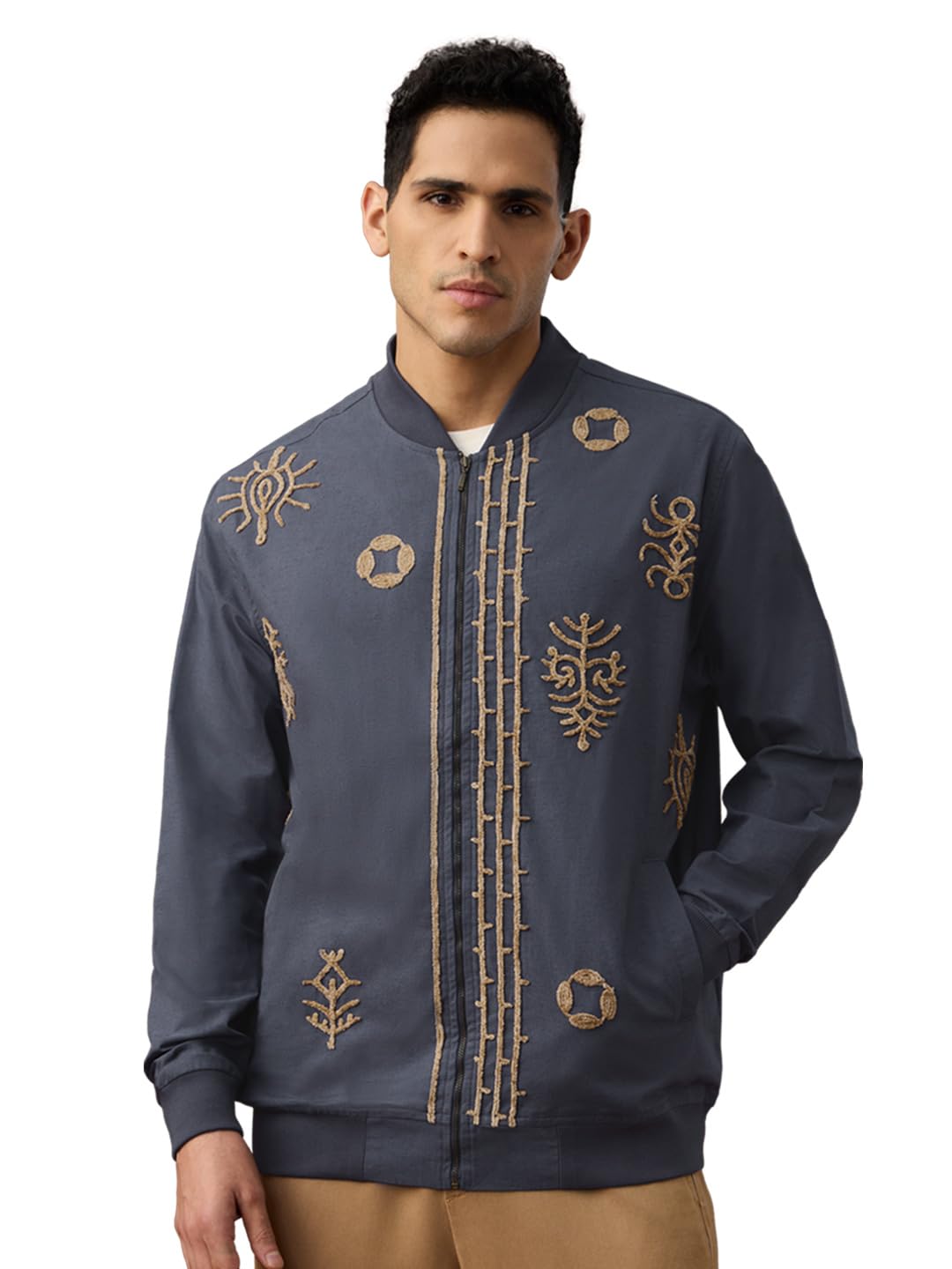 The Souled Store Linen Jacket: Blue Aztec Men and Boys Full Sleeves Mandarin Collar Navy Blue Embroidered Cotton Linen Oversized Fit Lightweight Winter Casual Linen Jacket