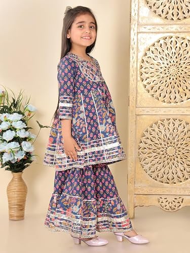 superminis Girls Cotton Floral Printed Gotta Work 3/4 Sleeves Flared Design Kurti & Sharara Set (2-3 Years, Navy Blue)