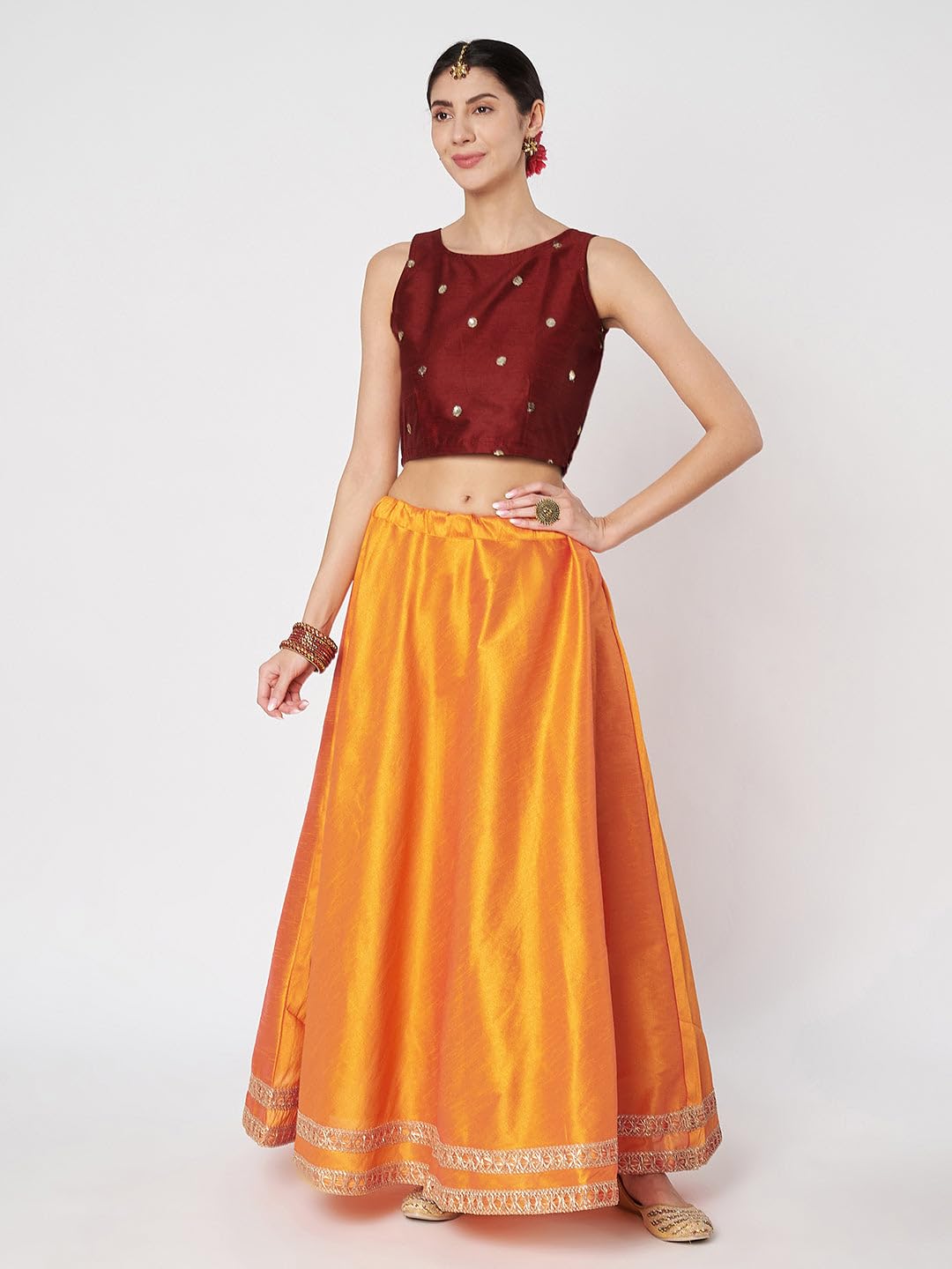 studio rasa Women's Dupion Solid Embellished Bias Skirt for Festive Party Wedding (SKTC42501L_Orange_Large)