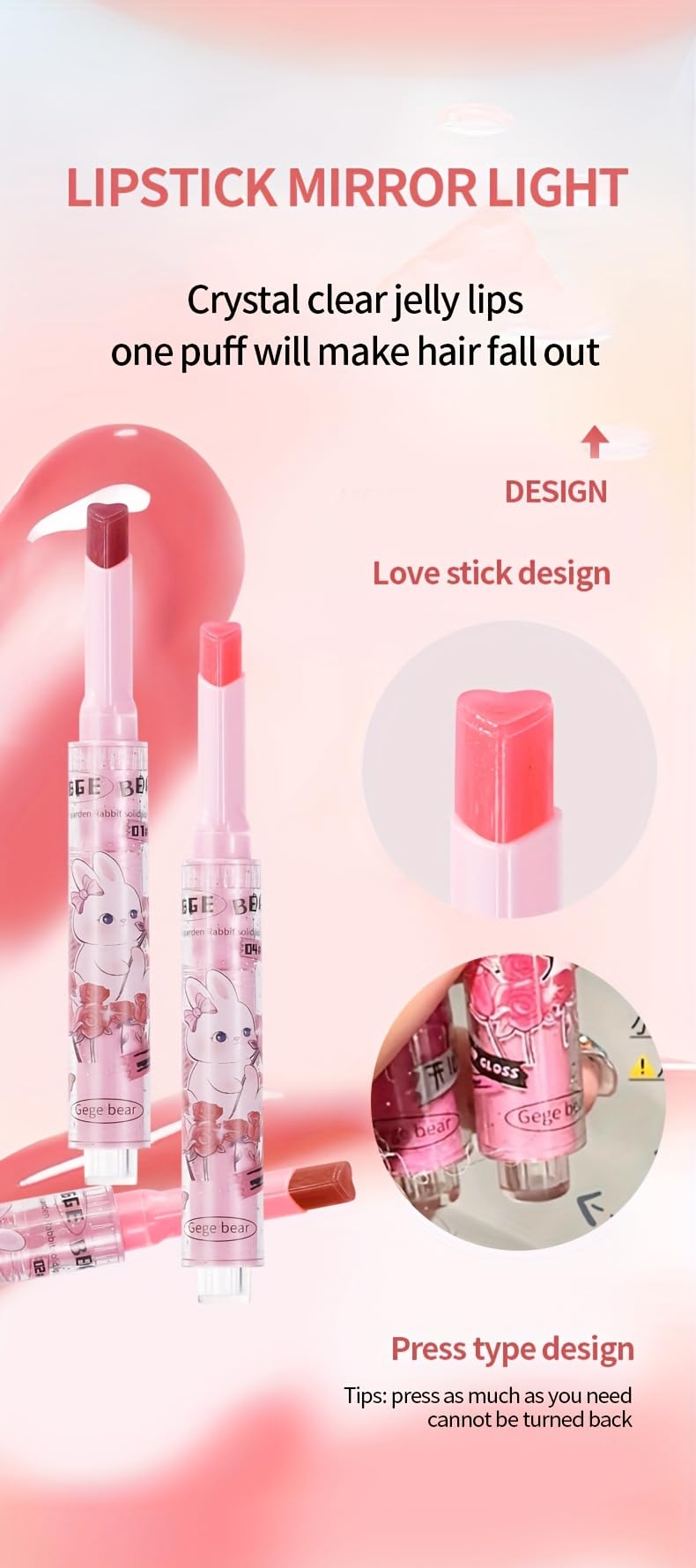 Gege Bear 3-in-1 Lip Gloss Set – Glossy Hydration, Heart-Shaped Design, and Rich Color in Every Click for Pout-Perfect Lips! (Set B - #4,#5,#6, Pack of 3)