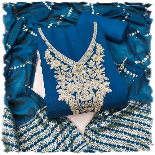 Leeli Peeri Designer Women's Vichitra Silk Embroidery Work Unstitched Salwar Suit Dress Material