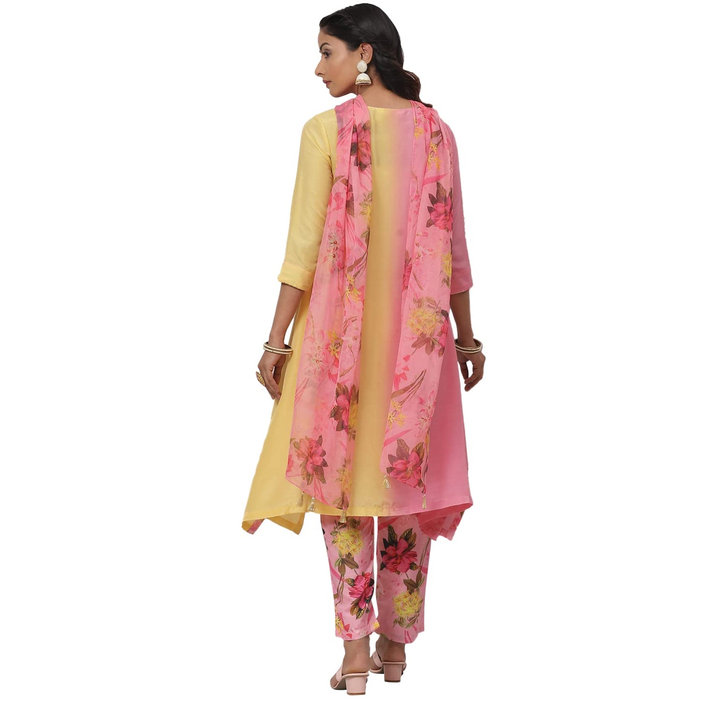 BIBA WOMEN PRINTED NARROW SALWAR KURTA DUPATTA(SKDCANDY KU7888_YELLOW-PINK_32)