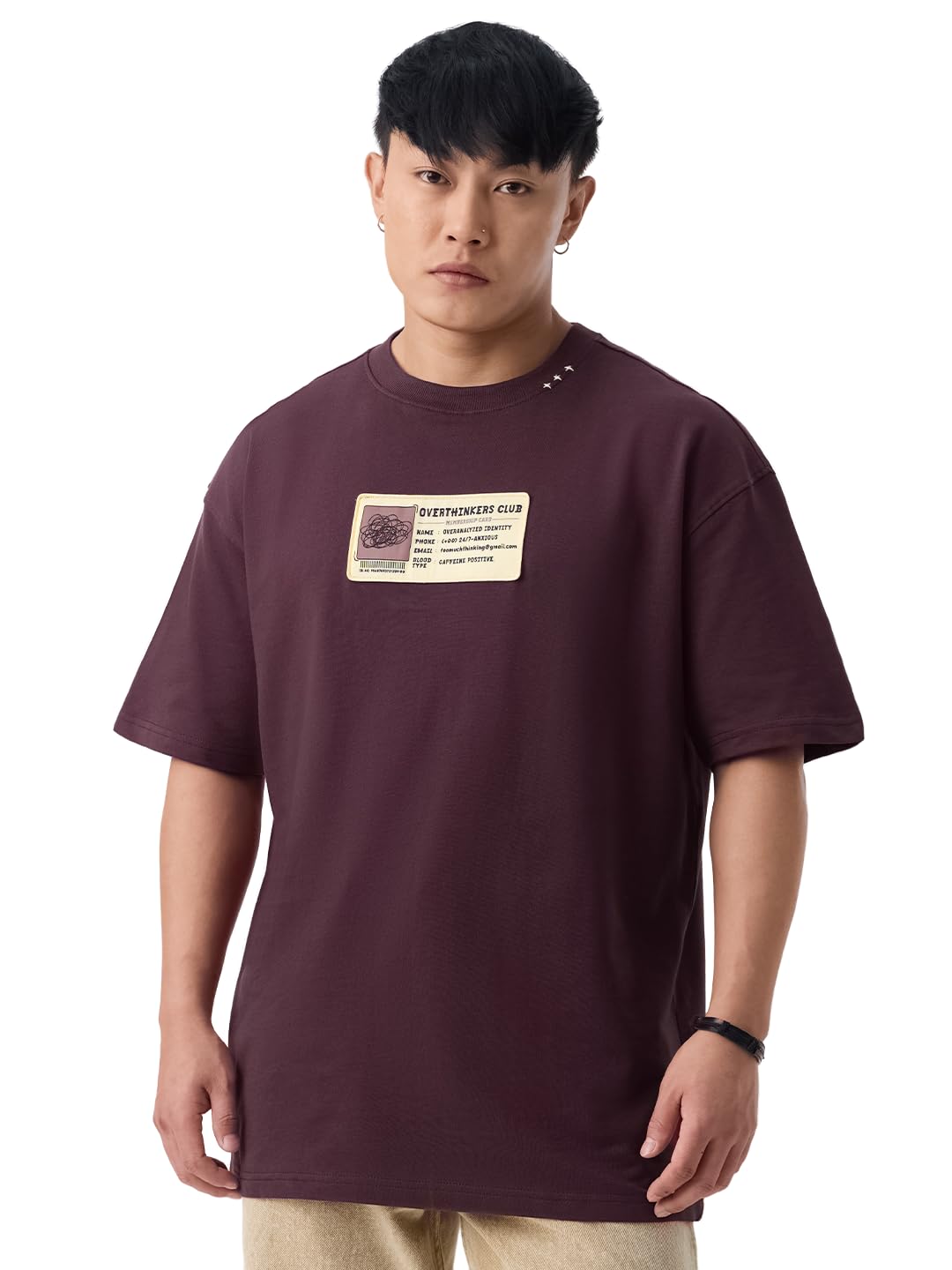 The Souled Store Overthinker's Club Men and Boys Short Sleeves Round Neck Burgundy Embellished Casual Drop Shoulder Streetwear Cotton Oversized T-Shirts