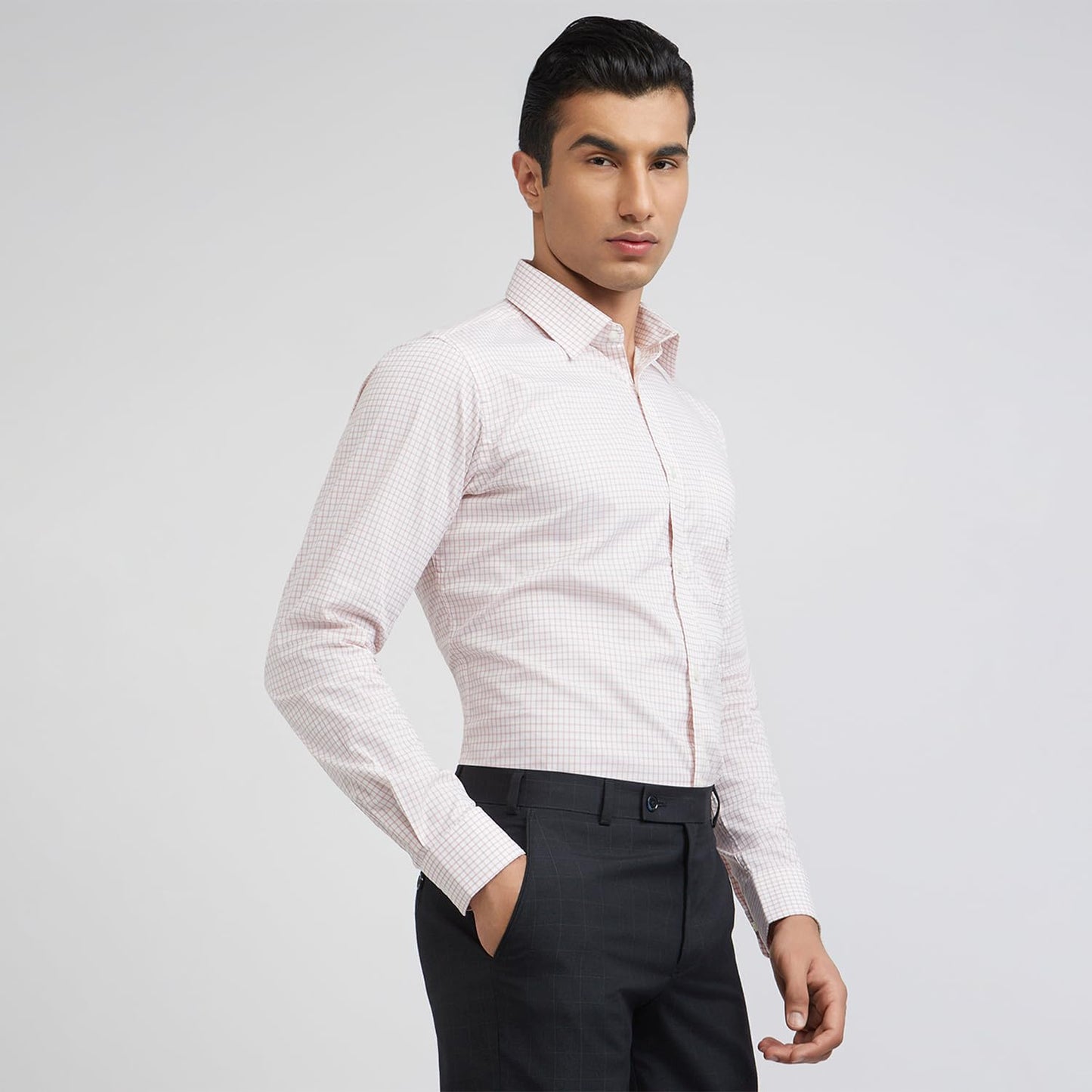 Raymond Men's Slim Fit Structured Formal Shirt - Pure Cotton, Full Sleeve, Semi Cutaway Collar | Light Red