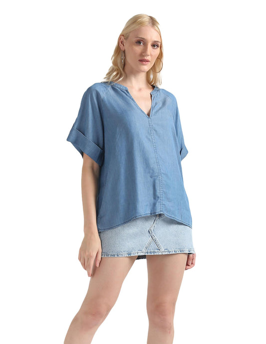 Tommy Hilfiger Blue Lyocell Women's V-Neck Solid Short Sleeve Top (L)