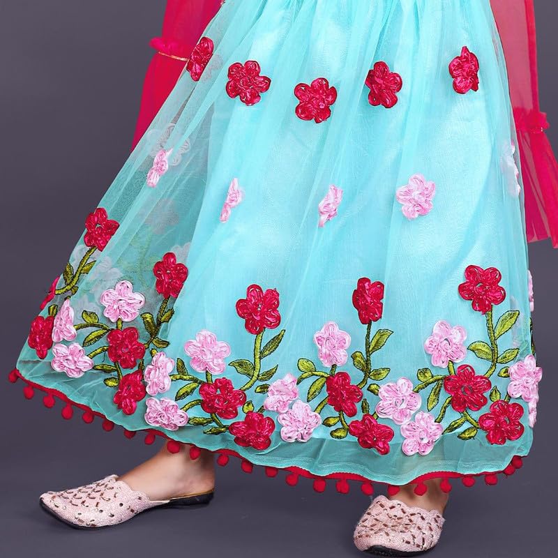 satyamfab Kids Net Fabric Thread Embroidered Work Lehenga With Jacquard Weaving Choli and Smooth Net Dupatta for Girls