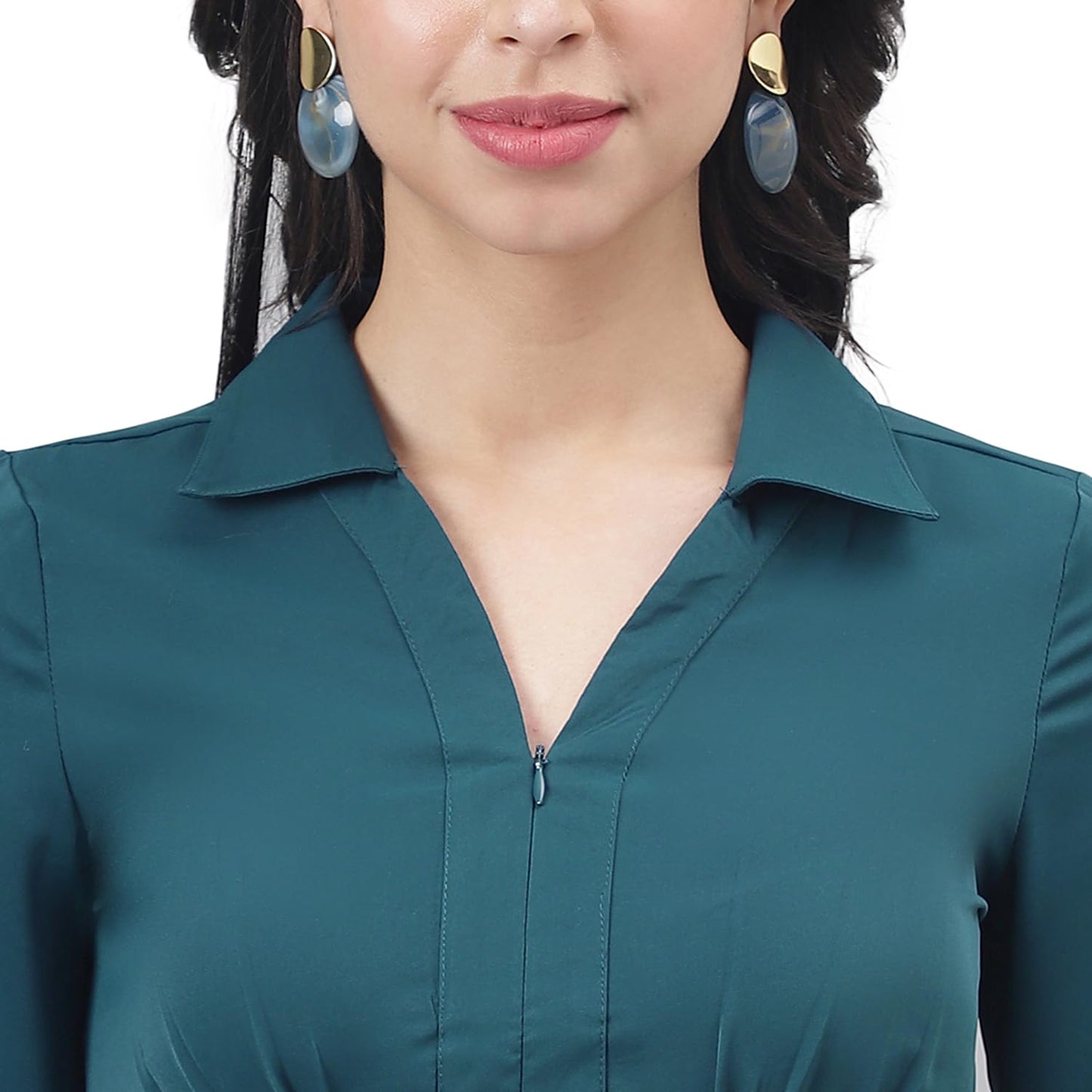 Latin Quarters Women Teal Half Sleeve Shirt Collar Solid Top_L