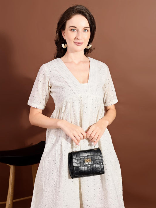 Womanista Women's Off White Cotton SCHIFLLI with CROCIO V-Neck LACE A-LINE Ethnic Dress Knee-Length