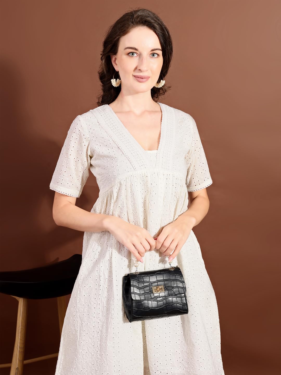 Womanista Women's Off White Cotton SCHIFLLI with CROCIO V-Neck LACE A-LINE Ethnic Dress Knee-Length