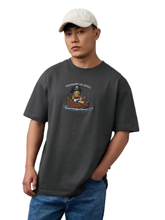 The Souled Store Garfield: Captain of Chill Men and Boys Short Sleeves Round Neck Charcoal Grey Embroidered Pirate Graphic Casual Lightweight Easy to Style Casual Cotton Oversized T-Shirt