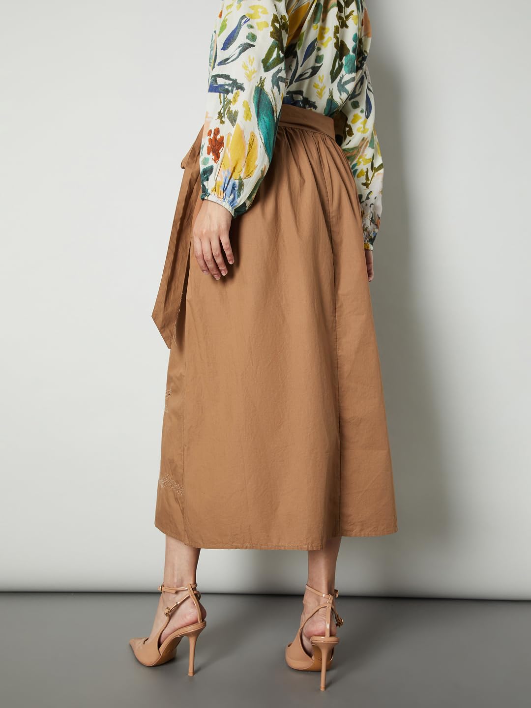 Max Women Embroidered Midi Skirt (Brown_S)