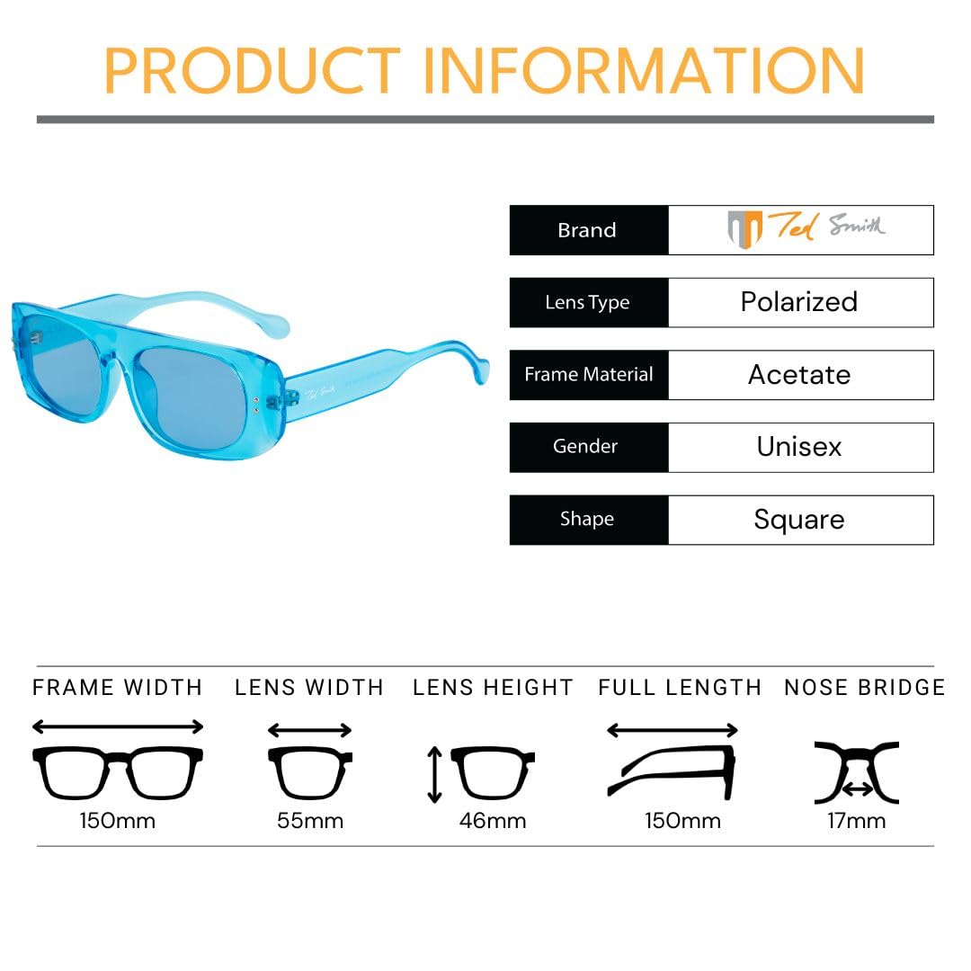 Ted Smith Men's Women's Polarized UV Protection Blue Lens Crystal Blue Square Sunglasses