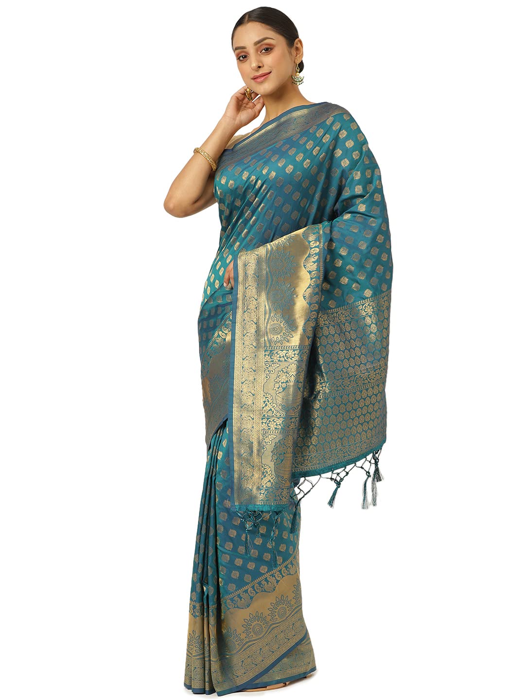 KARAGIRI Womens Banarasi Silk Blue Saree With Blouse Piece