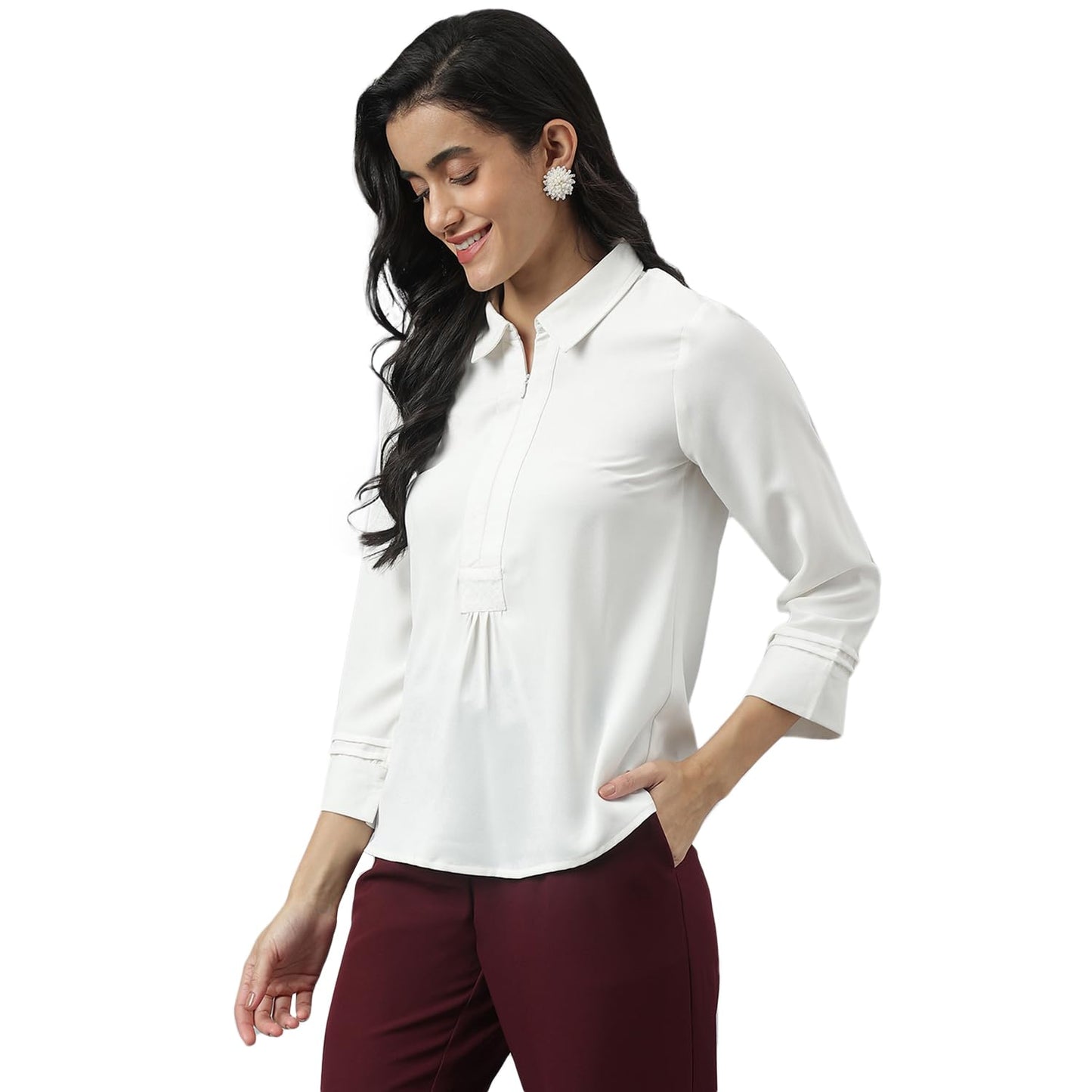 Latin Quarters Women White Casual Solid 3/4 Sleeve Top_XL