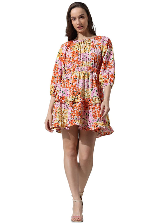 ONLY Women Printed Polyester Above Knee Multicolor Tiered Dress