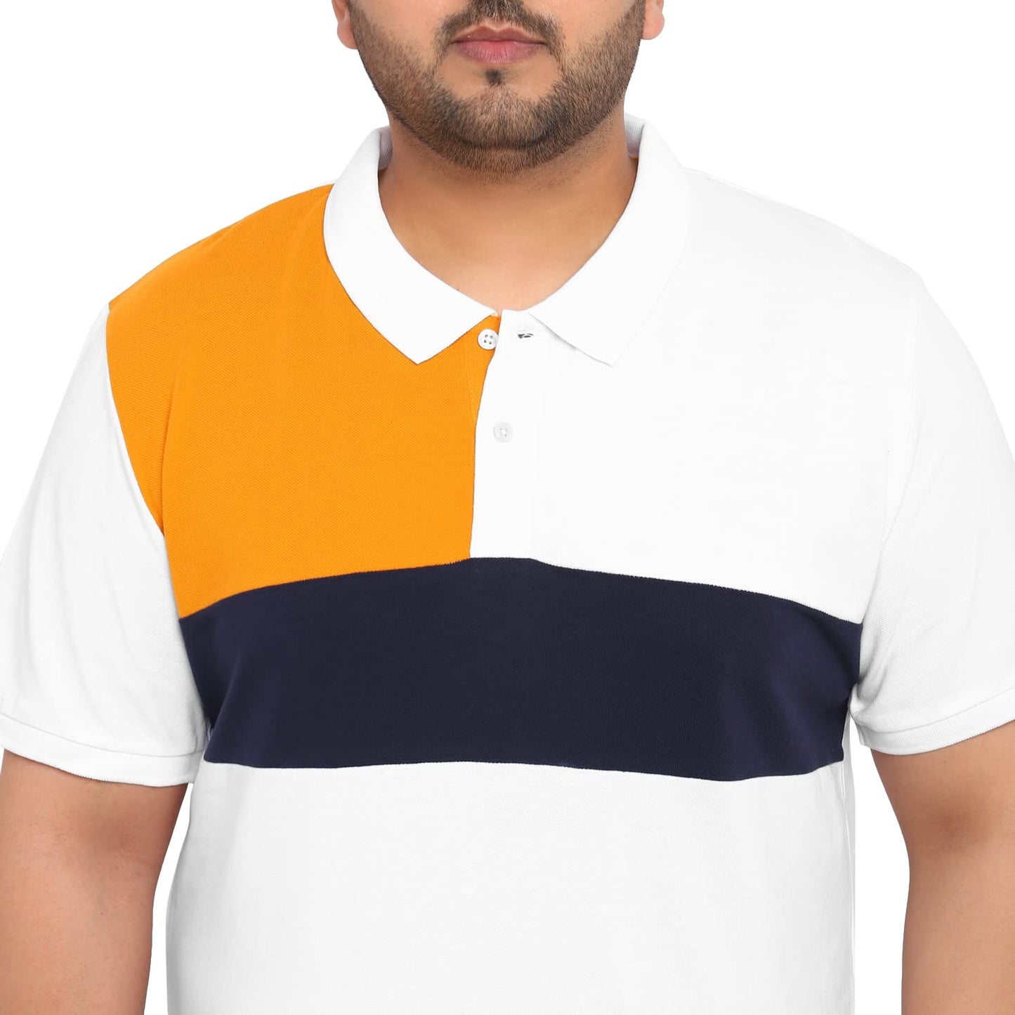 Urbano Plus Men's White, Navy Blue, Gold Colour-Block Regular Fit Half Sleeve Cotton Polo T-Shirt (pluspolocbp-021-whinavgol)